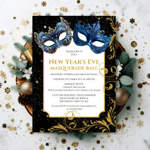 Gold Blue New Year's Eve Masquerade Ball Invitation