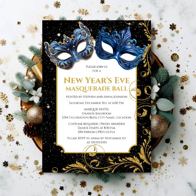 Gold Blue New Year's Eve Masquerade Ball Invitation (Set the tone for a memorable NYE celebration by inviting your guests with this elegant invitation.)