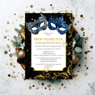 Gold Blue New Year's Eve Masquerade Ball Invitation