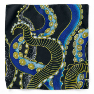 Gold Blue Octopus Tentacles Grey Black Art Bandana