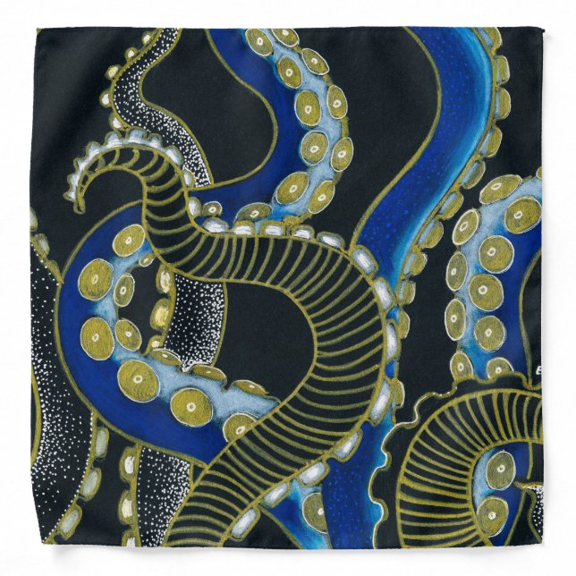Gold Blue Octopus Tentacles Grey Black Art Bandana (Front)