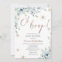 Gold Blue Oh Boy Little Snowflake Baby Shower Invitation