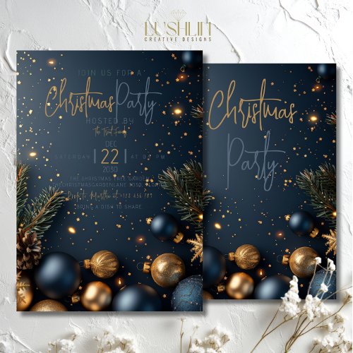 Gold Blue Ornament with Greenery Holiday Christmas Invitation