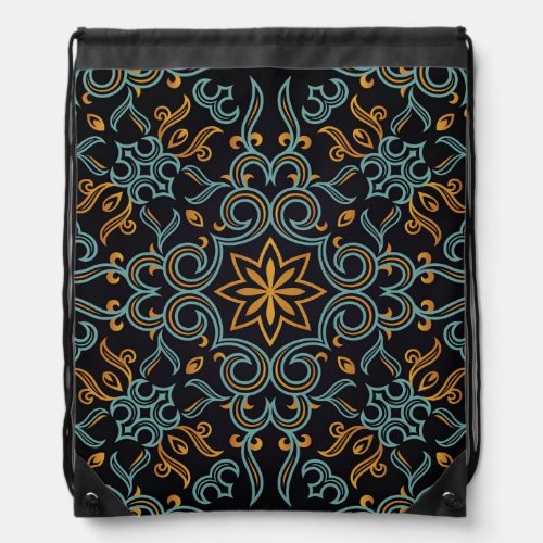 Gold  Blue Ornamental Vintage Drawstring Bag