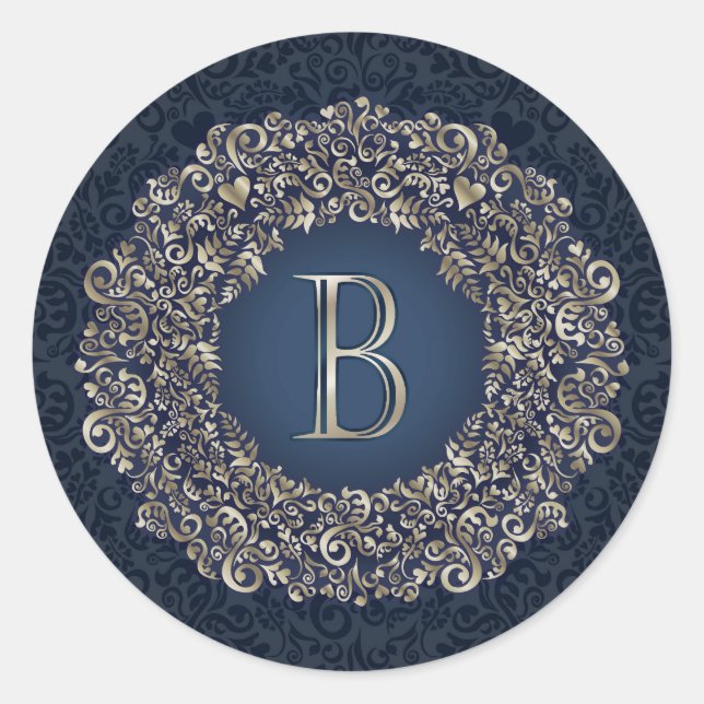Gold Blue Ornate B Fancy Damask Monogram  Classic Round Sticker (Front)