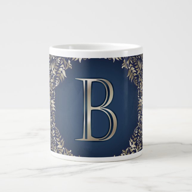 Gold Blue Ornate B Fancy Damask Monogram  Giant Coffee Mug (Front)