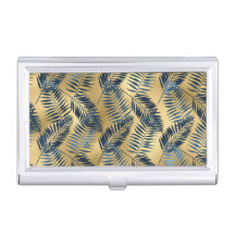 Gold Blue Palm Leaf Business Card Holder 