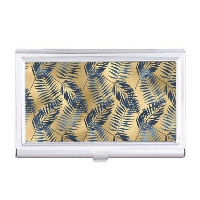 Gold Blue Palm Leaf Business Card Holder  (Front)