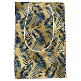 Gold Blue Palm Leaf Wrapping Paper  Medium Gift Bag