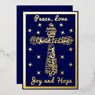 Gold Blue Peace Love Joy Hope Cross Christmas Foil Holiday Card