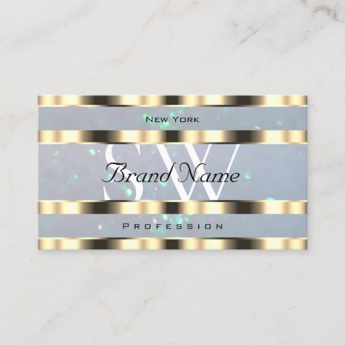 Gold Blue Pearl Glitter Monogram and Opening Hours Business Card