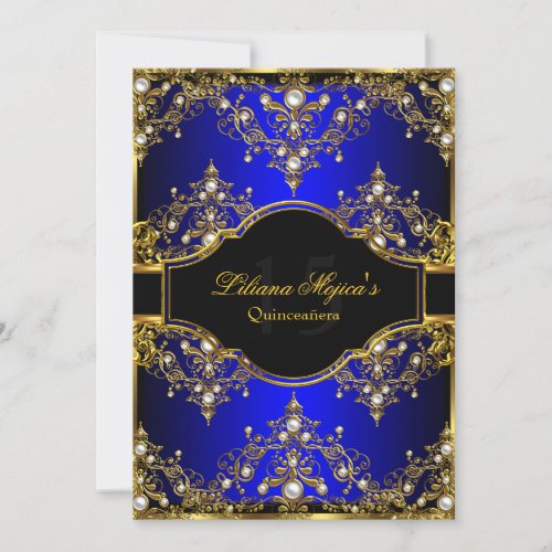 Gold Blue Pearl Vintage Glamour Quinceanera Invitation