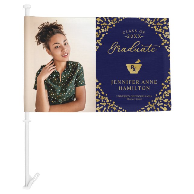 Gold Blue Pharmacy School Graduation Photo Car Flag (Front)