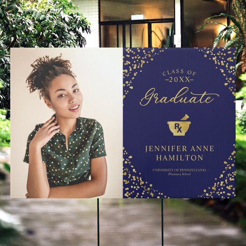 Gold Blue Pharmacy School Graduation Photo Sign