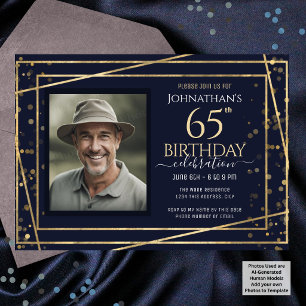 Gold Blue Photo 65th Birthday Party Invitation