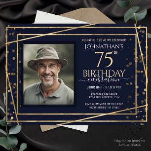 Gold Blue Photo 75th Birthday Party Invitation