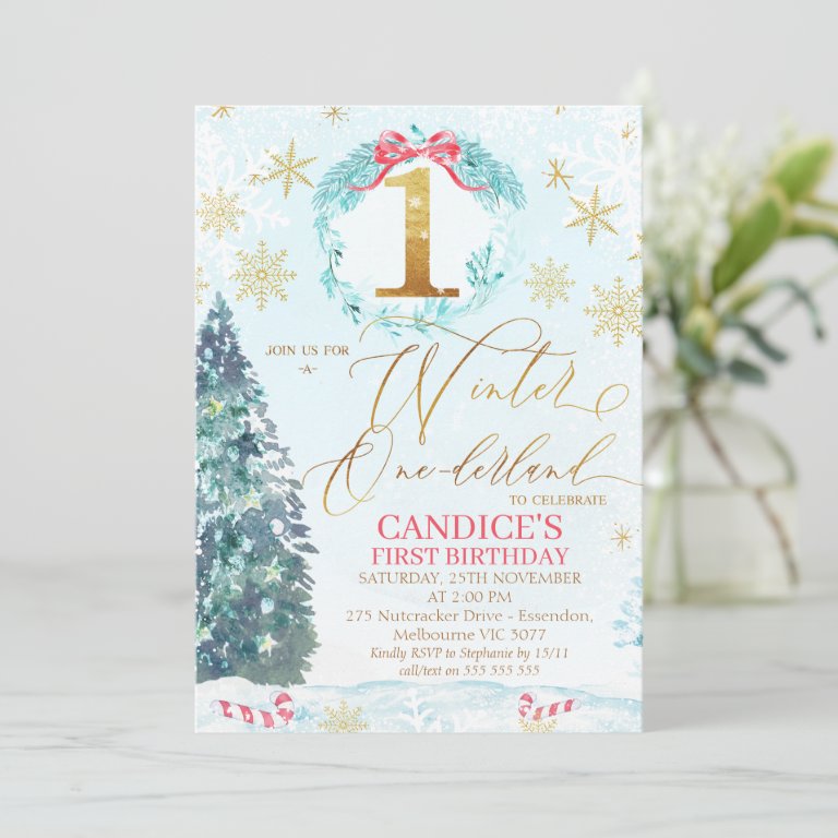 Gold Blue Pine Tree Winter Onederland Birthday Inv Invitation