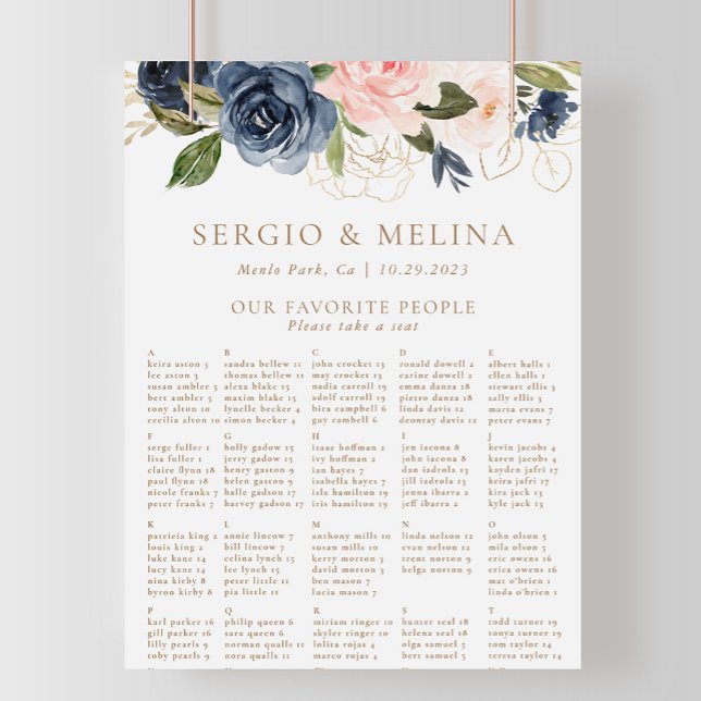 Gold Blue Pink Alphabetical Wedding Seating Chart (Creator Uploaded)