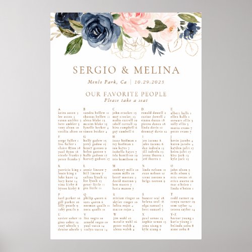 Gold Blue Pink Alphabetical Wedding Seating Chart