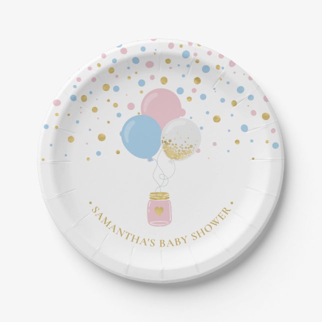 Gold, Blue & Pink Confetti Balloons 1st Birthday P Paper Plates (Front)