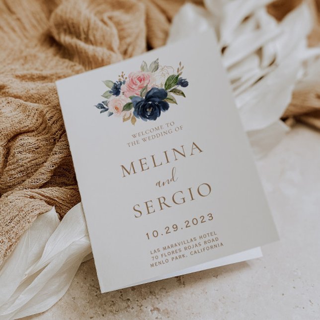 Gold Blue Pink Flowers Folded Wedding  Program (Creator Uploaded)