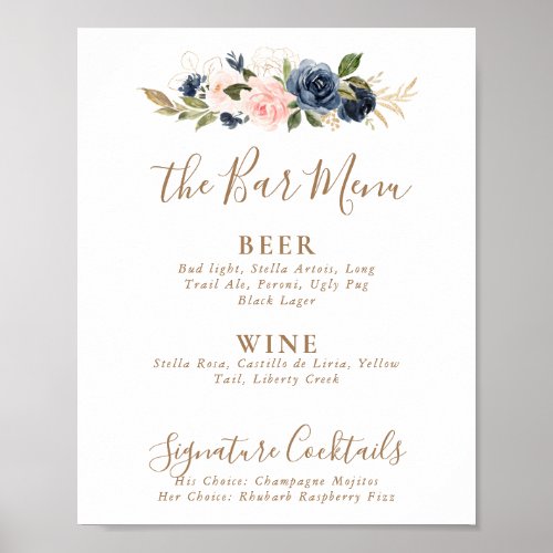 Gold Blue Pink Flowers Wedding Bar Menu  Poster