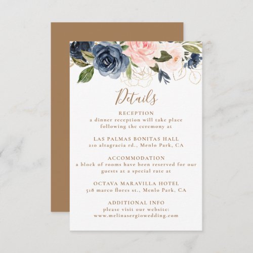 Gold Blue Pink Flowers Wedding Details   Enclosure Card