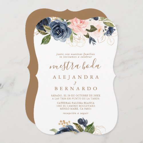 Gold Blue Pink Flowers Wedding Nuestra Boda  Invitation