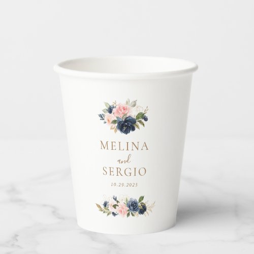 Gold Blue Pink Flowers Wedding  Paper Cups