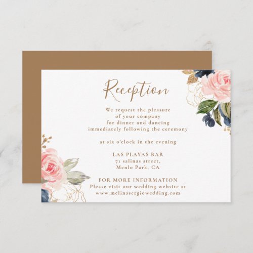 Gold Blue Pink Flowers Wedding Reception   Enclosure Card