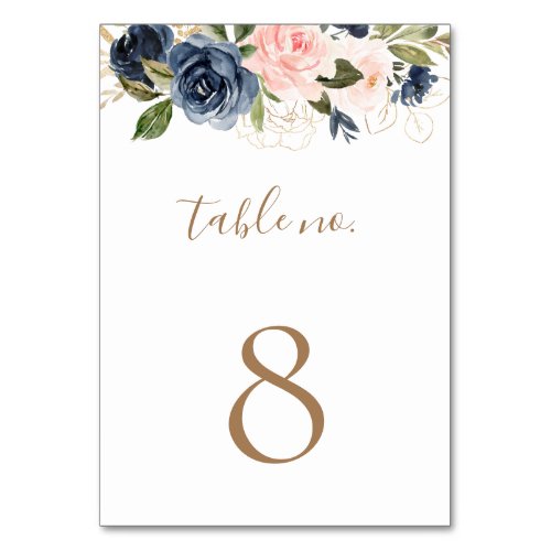 Gold Blue Pink Flowers Wedding   Table Number