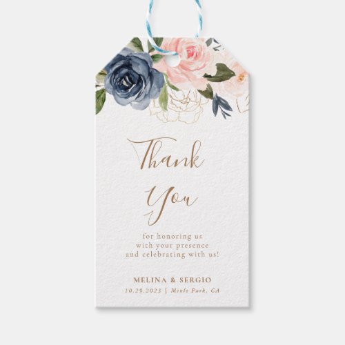 Gold Blue Pink Flowers Wedding Thank You  Gift Tags