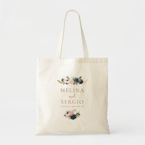 Gold Blue Pink Flowers Wedding  Tote Bag