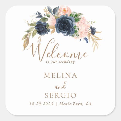 Gold Blue Pink Flowers Wedding Welcome  Square Sticker