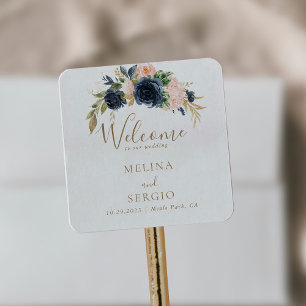 Gold Blue Pink Flowers Wedding Welcome Square Sticker