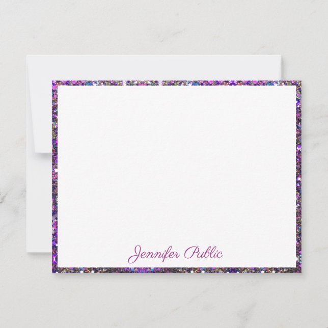 Gold Blue Pink Glitter Handwritten Script Elegant Note Card (Front)