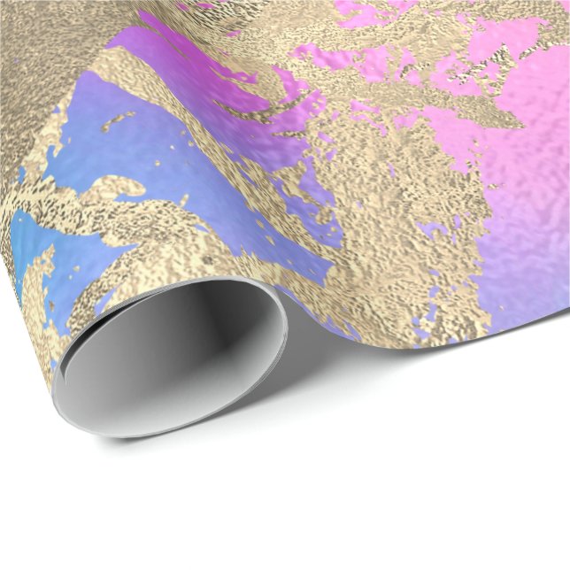 Gold Blue Pink Ombre Marble Shiny Metallic Strokes Wrapping Paper (Roll Corner)