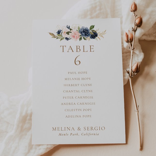 Gold Blue Pink Wedding Table 6 Seating Chart card (Creator Uploaded)