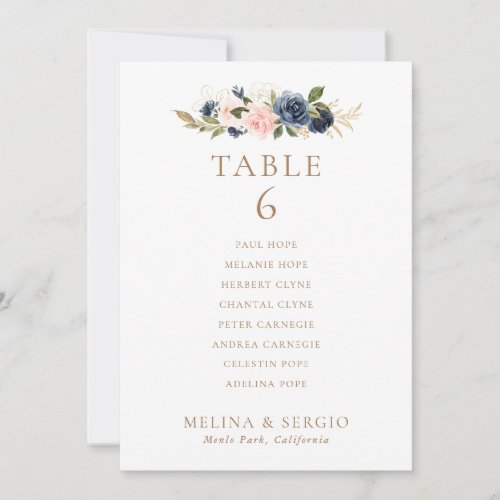 Gold Blue Pink Wedding Table 6 Seating Chart card