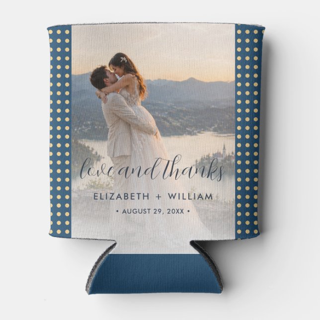 Gold & Blue Polka Dot Personalized wedding Can Cooler (Front)