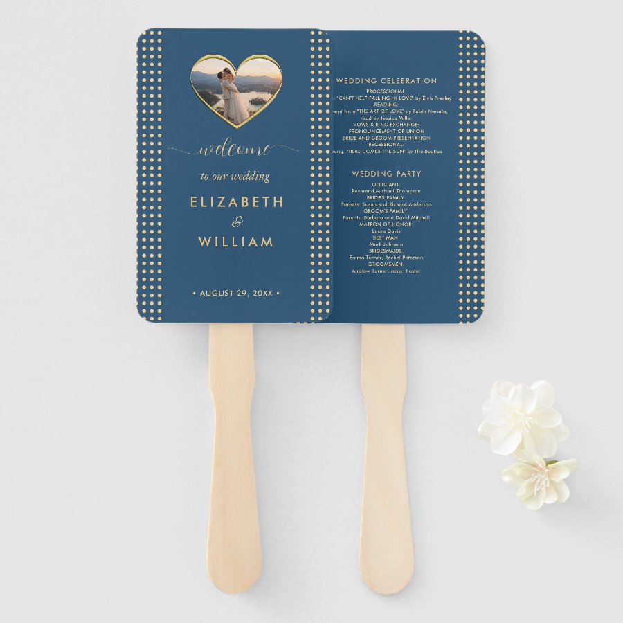 Gold & Blue Polka Dot Personalized wedding Hand Fan