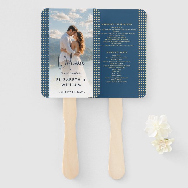 Gold & Blue Polka Dot Personalized wedding Hand Fan (Front and Back)