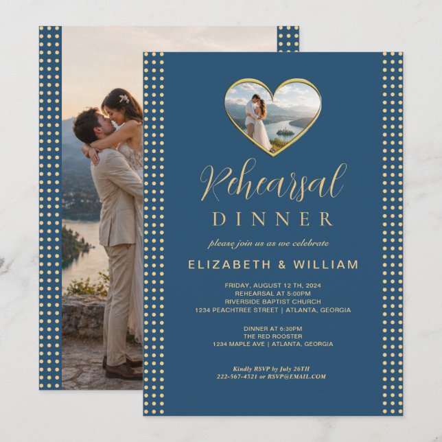 Gold & Blue Polka Dot Personalized wedding Invitation (Front/Back)