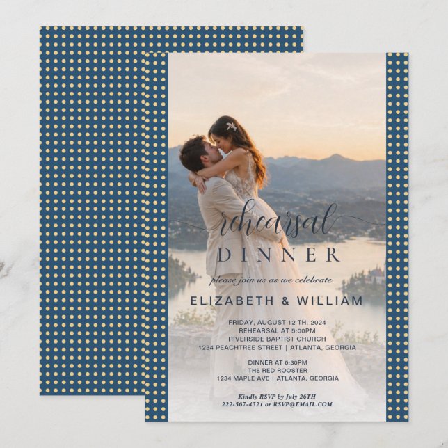 Gold & Blue Polka Dot Personalized wedding Invitation (Front/Back)