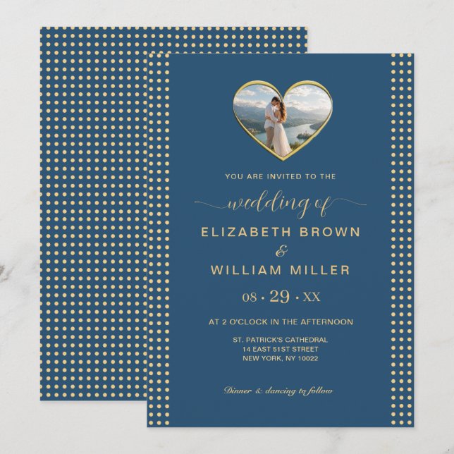 Gold & Blue Polka Dot Personalized wedding Invitation (Front/Back)