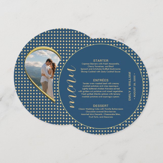 Gold & Blue Polka Dot Personalized wedding Menu (Front/Back)