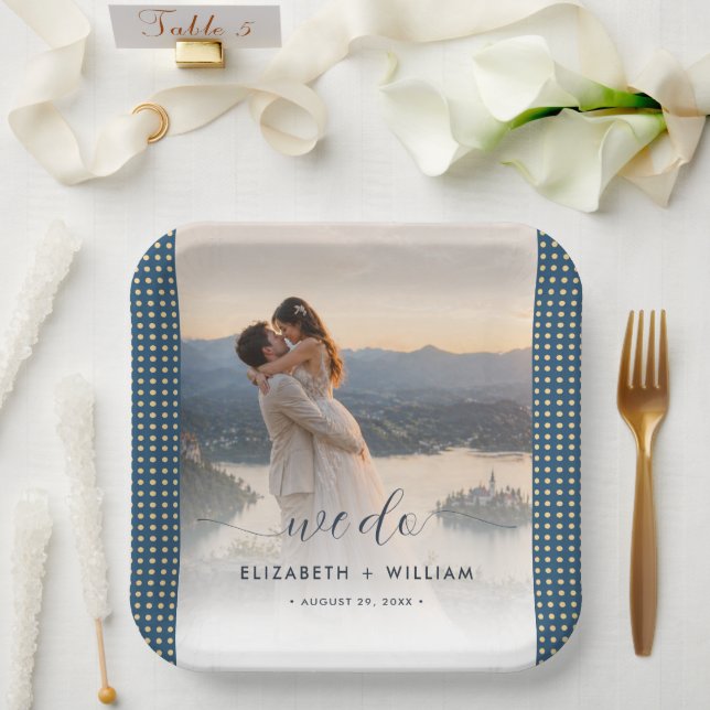 Gold & Blue Polka Dot Personalized wedding Paper Plates (Wedding)