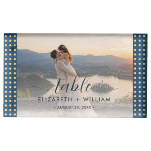 Gold & Blue Polka Dot Personalized wedding Place Card Holder