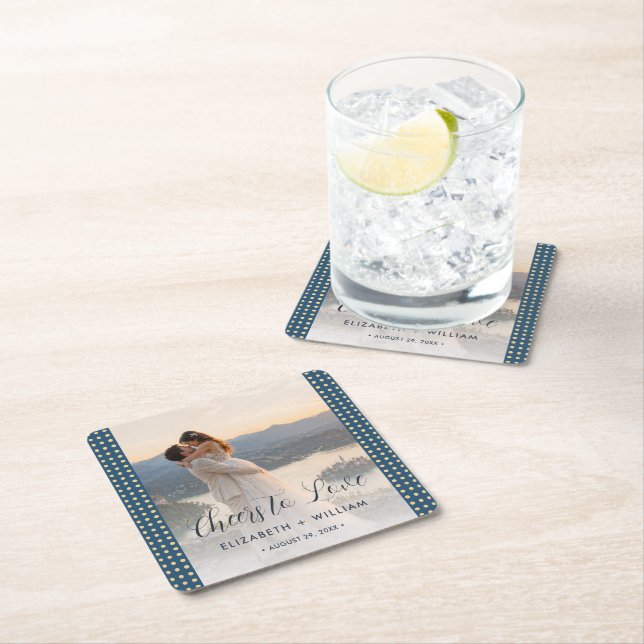 Gold & Blue Polka Dot Personalized wedding Square Paper Coaster (Insitu)