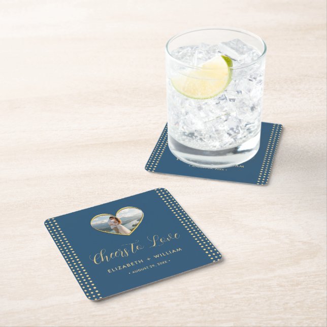Gold & Blue Polka Dot Personalized wedding Square Paper Coaster (Insitu)